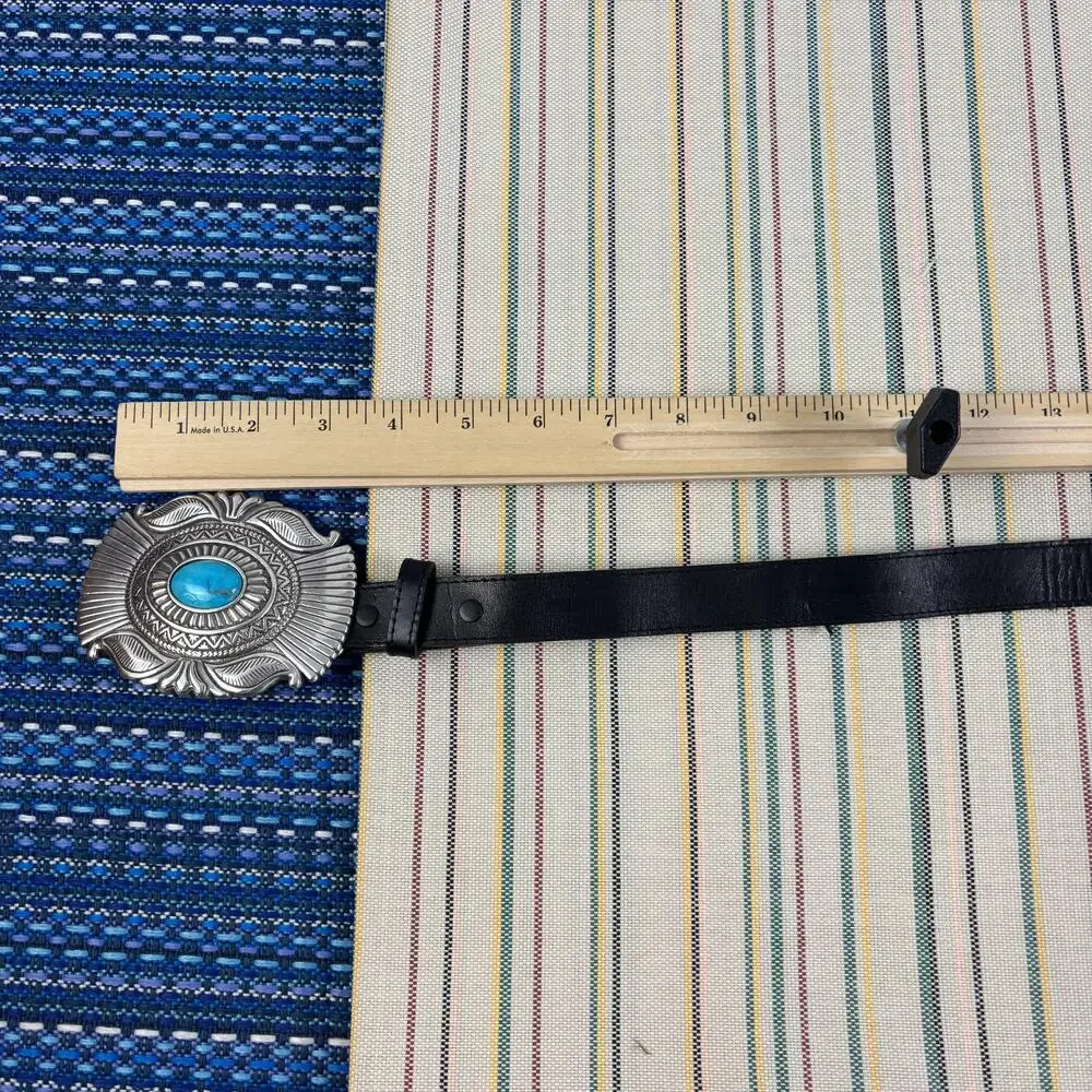 Justin Western Leather Belt Mens 26 Black Turquoise Oval Concho Silver Buckle